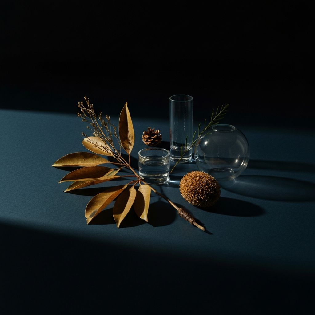 Wissenschaftliche Anordnung natürlicher Elemente symbolisiert Themenvielfalt